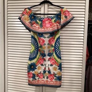 Johnny Was White Floral Off-Shoulder Mini Dress with Pink & Blue Flowers